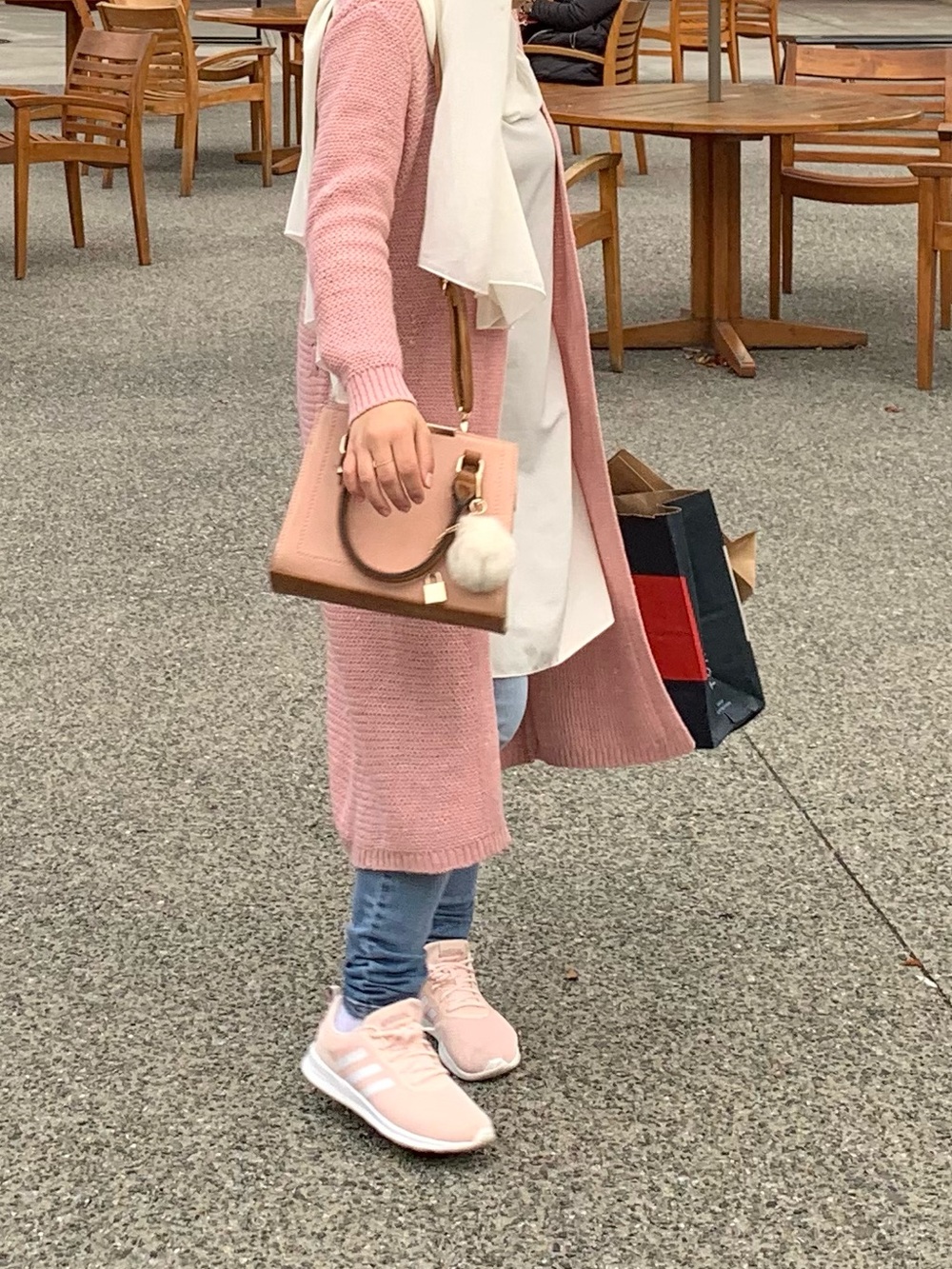 Long Pink Wool Coat with Cream Scarf